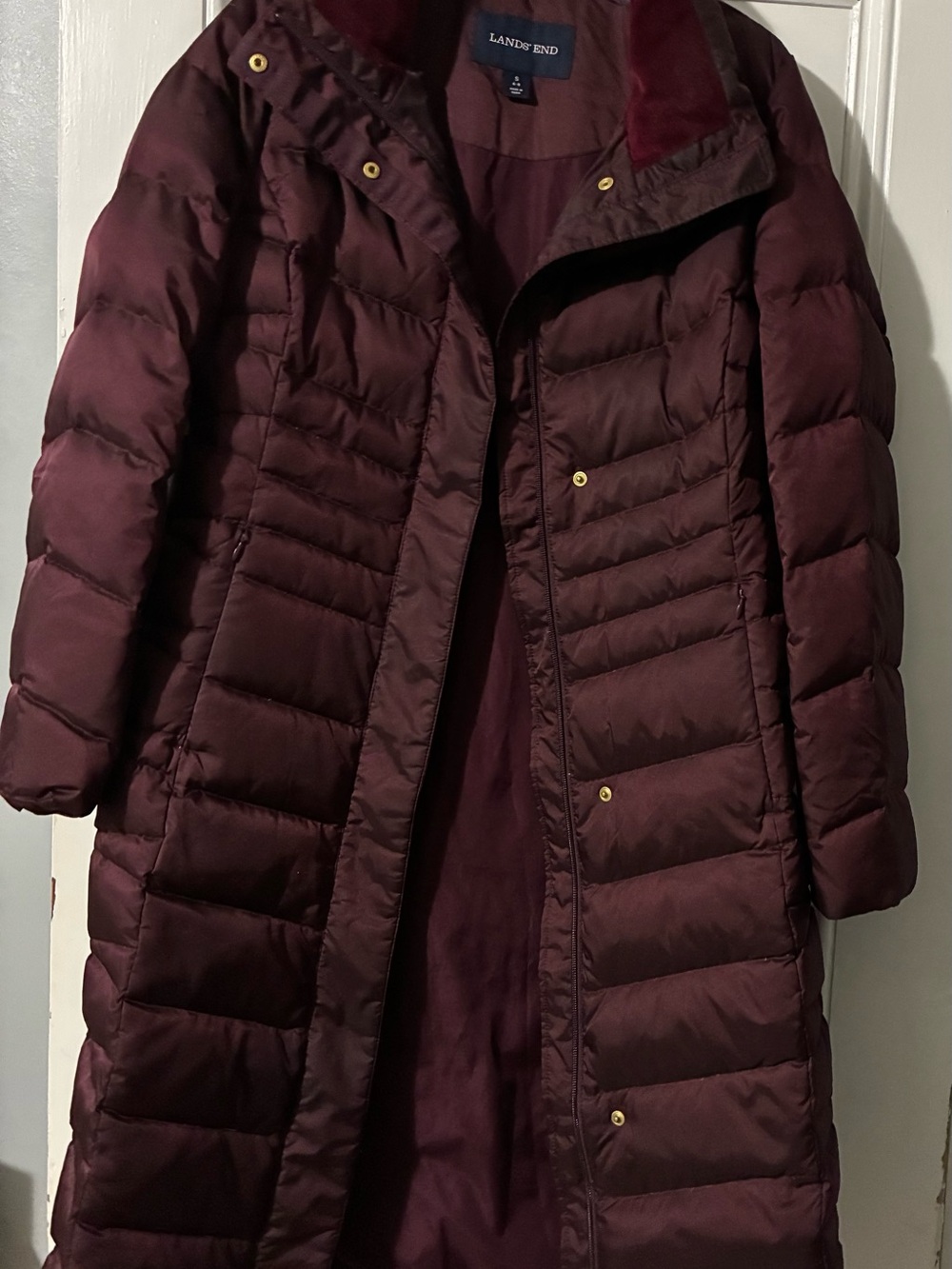 Lands' End Burgundy Long Quilted Down-Style Puffer Coat